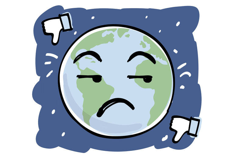 Ilustração do planeta Terra aborrecido e dois ícones de deslike do Facebook