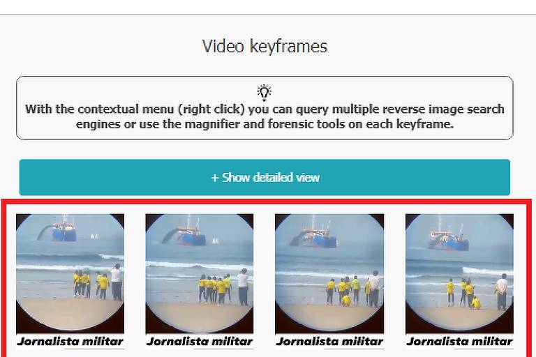 Imagem mostra ferramenta invid onde vídeo foi dividido em diversos frames, que podem ser usados para buscas na internet