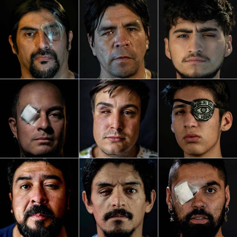 seis retratos de homens com olhos inchados, cortados ou com tapa olhos