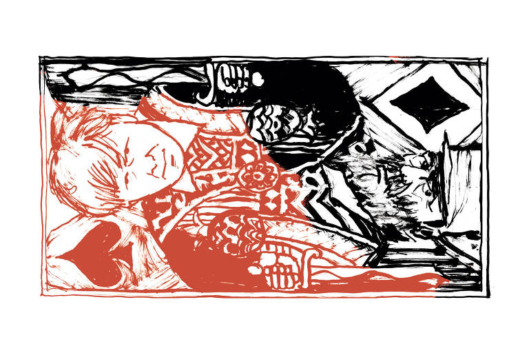 Ilustração em vermelho e preto de Boris Johnson representado como uma carta de baralho, com os naipes de copas e paus na carta; ele está segurando uma espada em cada mão. No lado de paus, virada pra cima, no de copas, virada pra baixo.