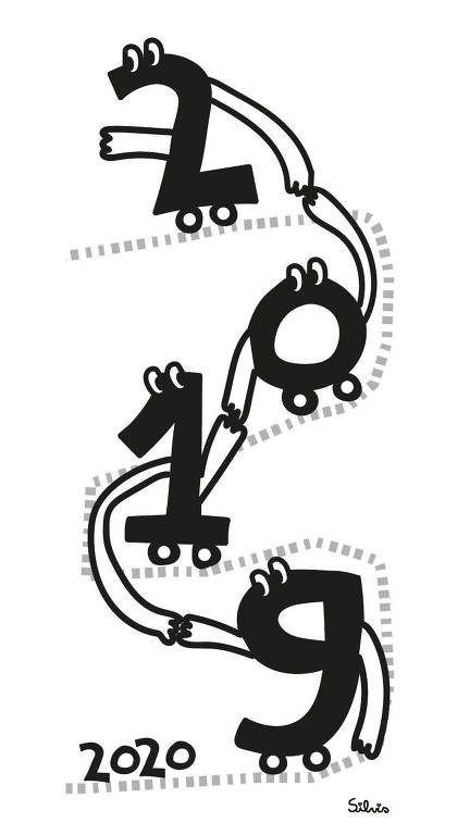 Ilustração dos números 2, 0, 1 e 9, usando rodinhas, seguindo numa estrada até encontrar 2020