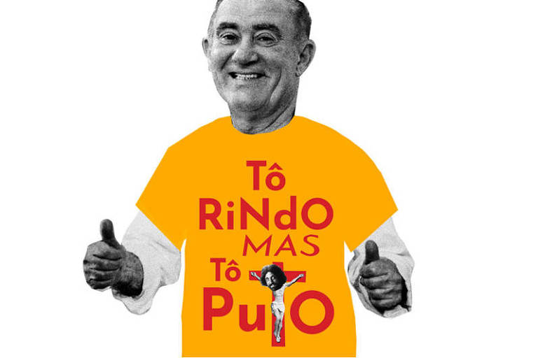 Colagem com a foto de Renato Aragão, o Didi Mocó, com uma camiseta escrita "Tô rindo mas tô puto". A letra "t"na palavra "puto"é um crucifixo.