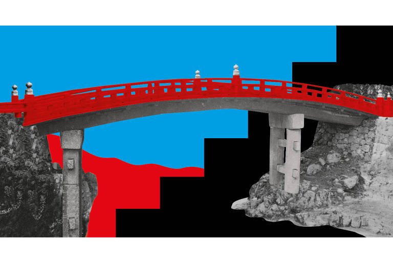 Colagem de ponte vermelha sobre fundo azul, com partes em foto preto e branco.