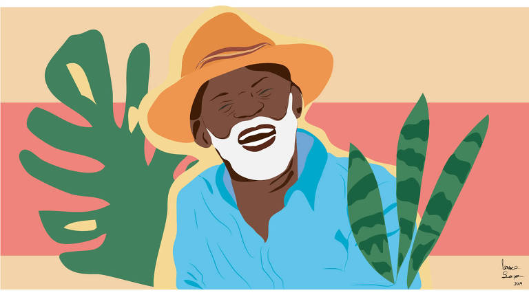 Ilustração de Antonio Pitanga sorrindo. Ele usa um chapéu amarelo e uma camisa azul. Há folhagens em volta dele