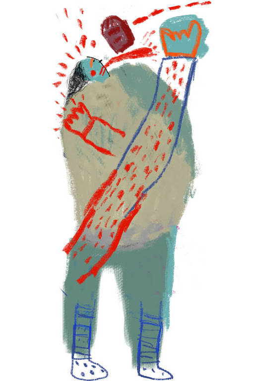 Ilustração de pessoa estilizada com um braço longo que tentar alcançar uma cabeça que flutua na frente de seu rosto