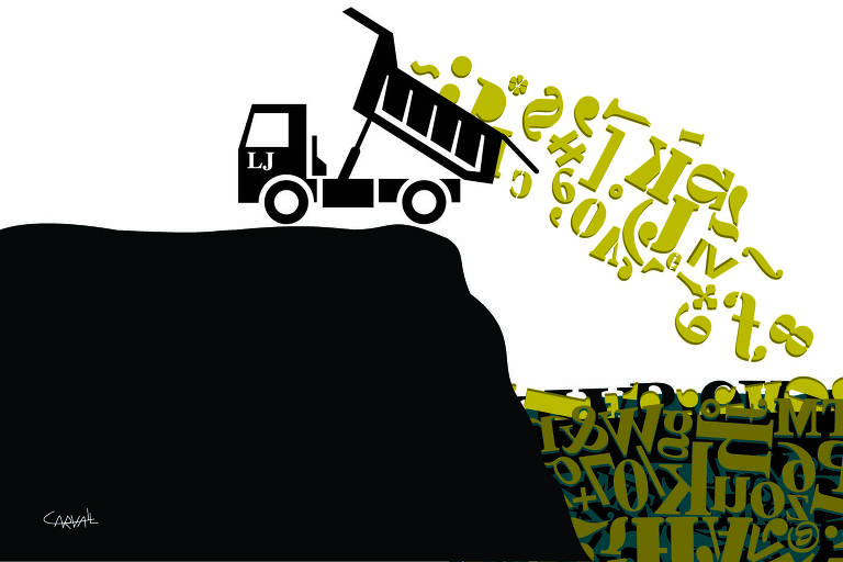 Na ilustração, um caminhão basculante derruba letras numa pilha com outras muitas letras