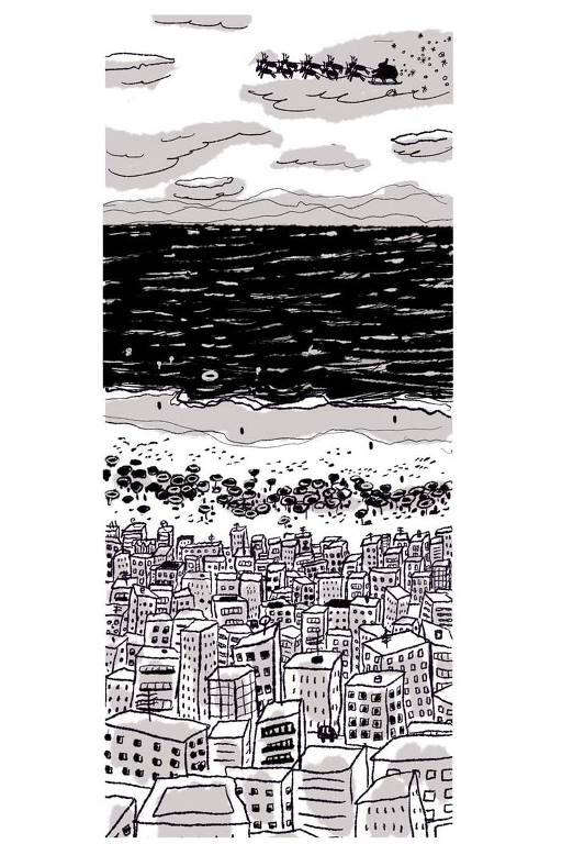 Ilustração mostra o horizonte que começa cheio de prédios, faixa de areia da praia com muitas pessoas, o mar e o céu. No céu, renas puxam um trenó