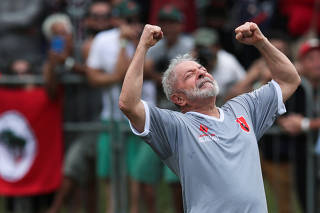 Brazil?s former president Luiz Inacio Lula da Silva celebrates a goal during a friendly soccer match at Florestan Fernandes school in Guararema