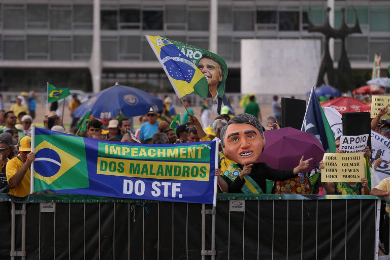 Manifestantes protestam em frente ao prédio do STF contra os ministros do Supremo e em defesa da Operação Lava Jato, do presidente Bolsonaro e do ex-juiz Sergio Moro