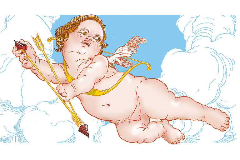 Ilustração do Cupido voando com as flechas na mão e o arco no corpo