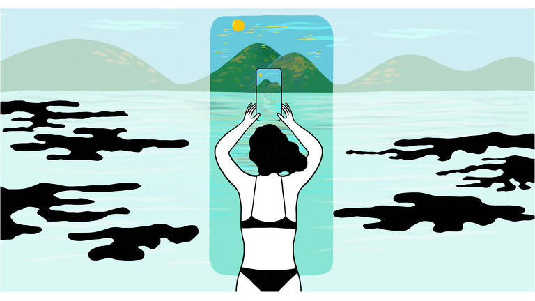 Ilustração de mulher de costas vestindo biquini preto. Ela está segurando um celular e é possível ver um pedaço do horizonte que está no fundo na tela. A paisagem do fundo é composta por um céu ensolarado, montanhas e o mar com manchas pretas que são cortadas da imagem que aparece no aparelho dela.
