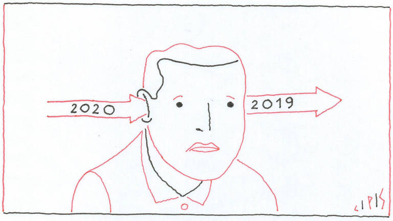 Ilustração em linhas rosas e cinzas. Um pessoa de cabelo curto e camisa social está com uma expressão triste. Uma flecha com "2020" entra por uma orelha e outra flecha com "2019" sai pela outra orelha da pessoa