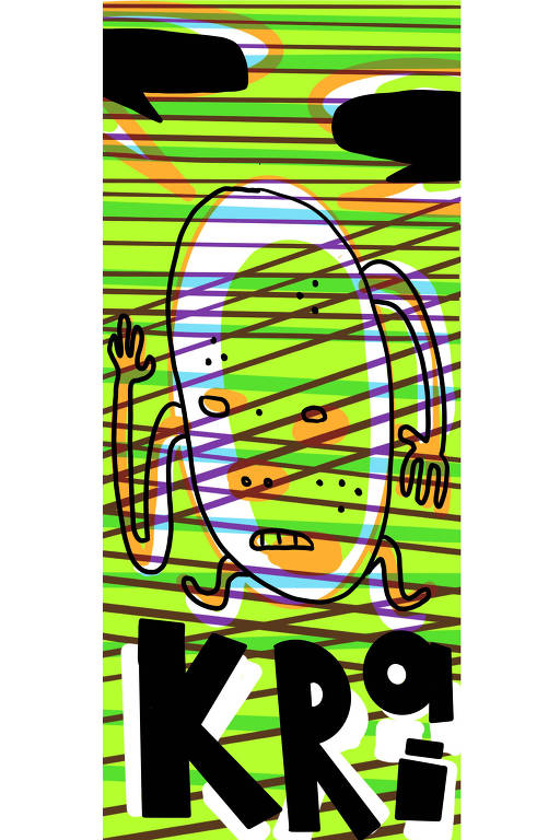Ilustração de fundo verde com personagem disforme e o escrito "Krai"