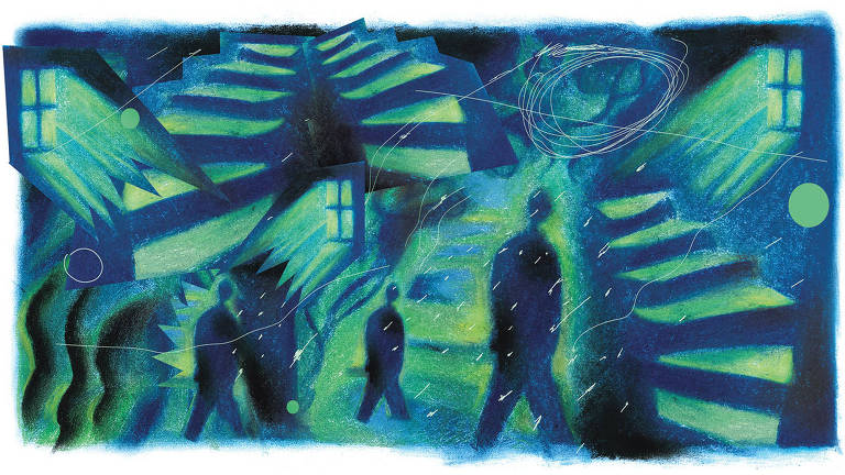 Ilustração com vários elementos sobrepostos em tons de azul e verde, a técnica utilizada é semelhante ao uso de lápis de cor. Há silhuetas de pessoas andando, escadas em diversas direções, janelas e formas geométricas. Em cima de tudo, há algumas linhas em branco.