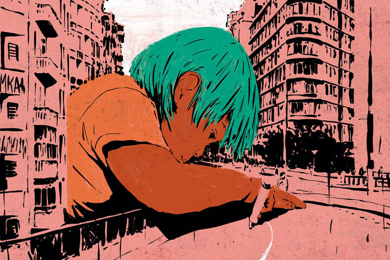 Uma menina gigante com cabelos curtos e franja desenha uma linha no asfalto do Elevado Presidente João Goulart (Minhocão) com um giz de cera