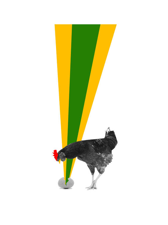 Colagem mostra galinha olhando em direção a um ovo, que está no chão. Ele está rachado e dele saem raios verdes e amarelos.