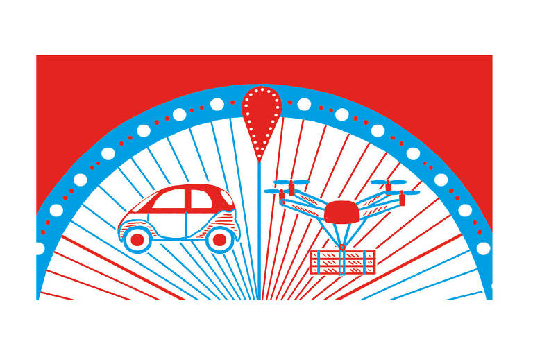 Ilustração em vermelho, branco e azul, mostra parte de uma roda, usada em sorteios, com o desenho de um carro e um drone sobre ela.