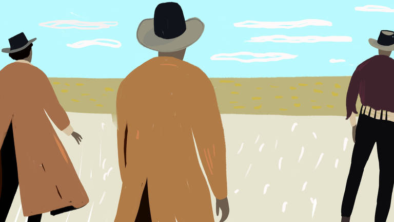 Ilustração mostra três homens de costas, vestidos de caubóis, com chapéu e capas, em terreno desértico.