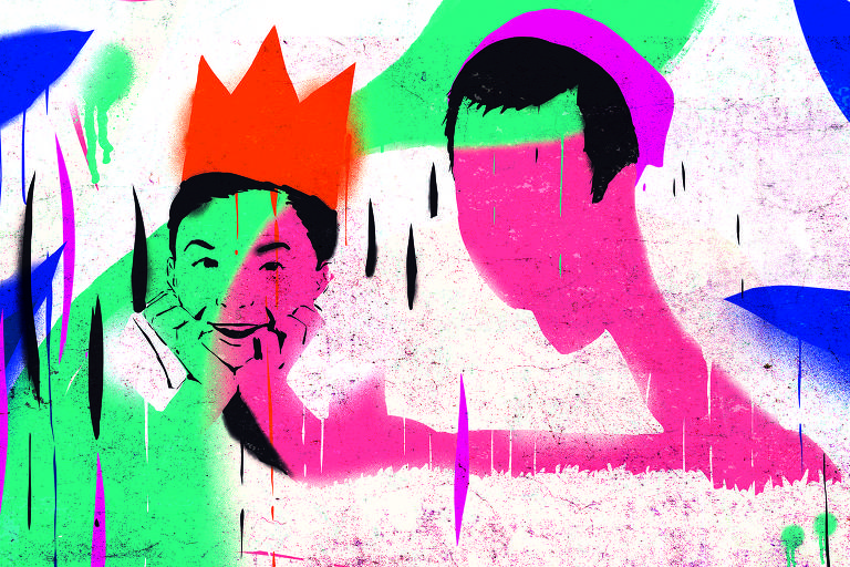 ilustração de duas faces em tons de verde, rosa e azul. Uma delas usa uma coroa vermelha