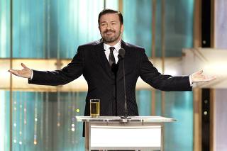 Host Ricky Gervais talks at the 68th annual Golden Globes Awards in Beverly Hills
