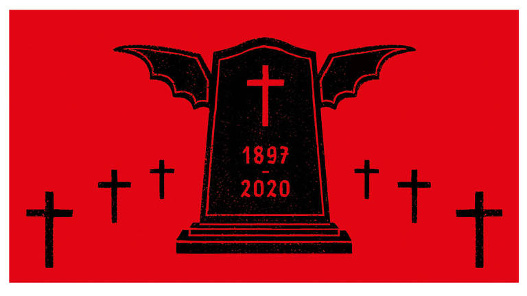 Uma grande lápide no centro da ilustração com três cruzes de cada lado. A lápide tem uma asa de cada lado, as duas são semelhantes a asas de morcego. Há uma cruz desenhada na lápide e a inscrição "1897-2020" 