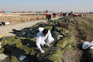 Passengers' dead bodies in plastic bags are pictured at the site where the Ukraine International Airlines plane crashed after take-off from Iran's Imam Khomeini airport, on the outskirts of Tehran
