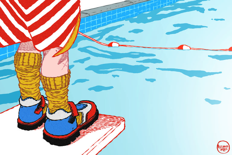 Ilustração de uma pessoa parada sobre um trampolim, à beira de uma piscina 