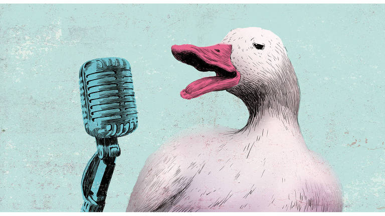 Ilustração de pato cantando em um microfone antigo