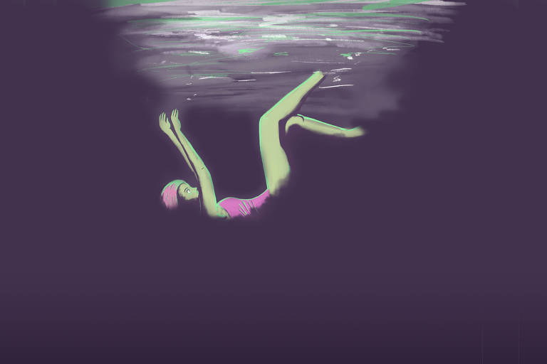 Ilustração com fundo roxo escuro, mostra nadadora, de maiô e touca rosas, afundando para uma parte mais escura. Acima dela, vê-se as luzes refletidas na água. Sua expressão é de espanto.