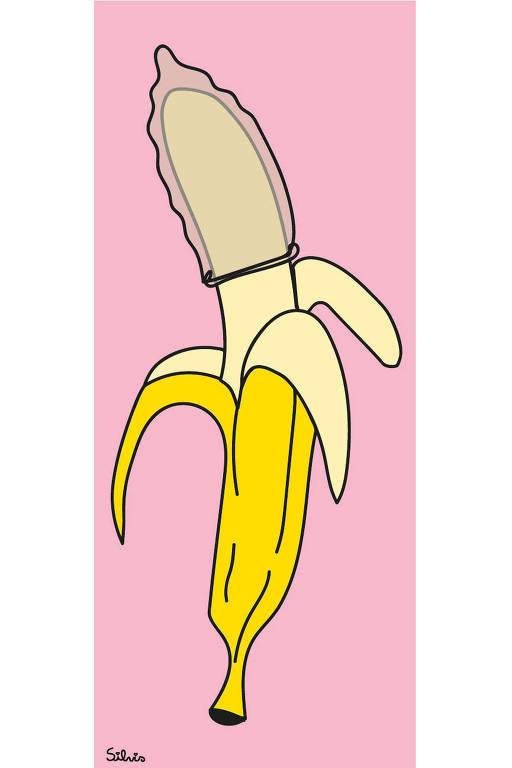 Ilustração de banana descascada pela metade. Uma camisinha está colocada na parte descascada. O fundo é rosa claro.