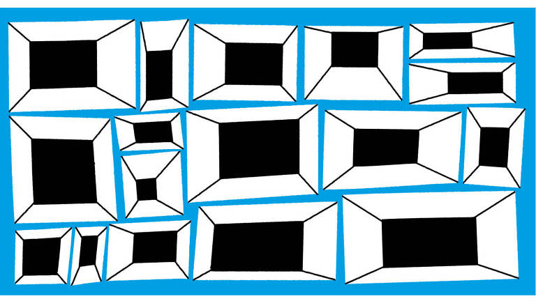 Ilustração com formas geométricas de diversos tamanhos e irregulares. Dezessete retângulos brancos, com retângulos pretos em seus centros e linhas pretas ligandos as arestas da forma interna com a externa. O fundo é azul.