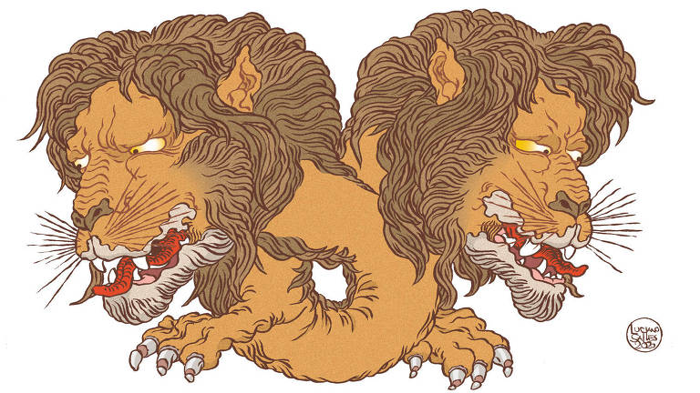 Ilustração de duas cabeças de leão ligadas no mesmo corpo, cada uma está em uma estremidade do corpo longilíneo.