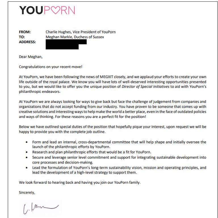 Carta do presidente do YouPorn oferecendo emprego a Meghan Markle