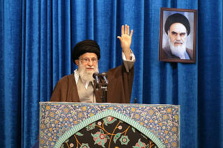 Iran's Supreme Leader Ayatollah Ali Khamenei gestures as he delivers Friday prayers sermon, in Tehran