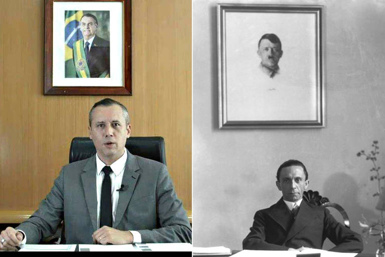 Montagem mostra Roberto Alvim, à esq., e Joseph Goebbels, à dir.