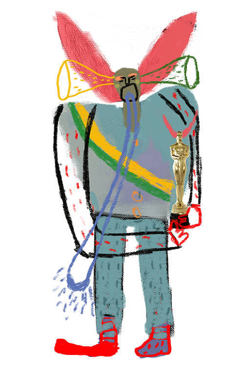 Ilustração de Bozo chorando, segurando um oscar, com faixa verde e amarela