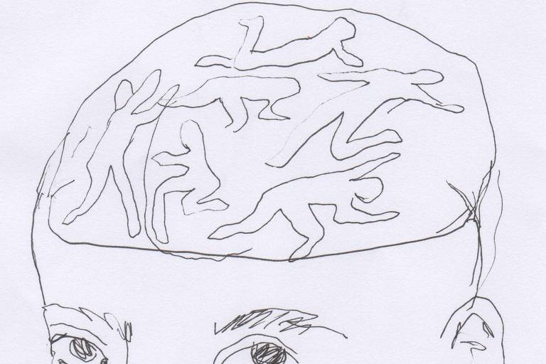 Ilustração em preto e branco de um rosto, com o cérebro à mostra. No cérebro, há contornos de seis corpos, alguns incompletos.
