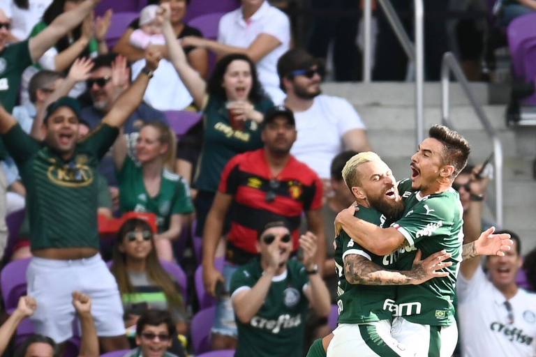 Lucas Lima e Willian comemoram gol do Palmeiras na Florida Cup