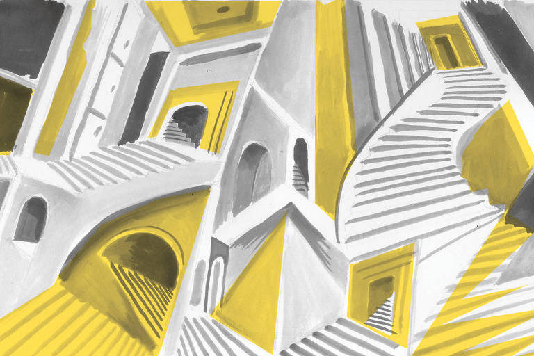 Ilustração de scadas em várias direções e sentidos, formando um labirinto