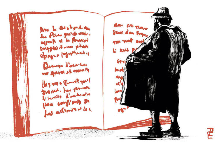 Ilustração de um grande livro aberto vermelho. Em frente ao livro, há uma pessoa de chapéu e com um sobretudo aberto olhando para ele.