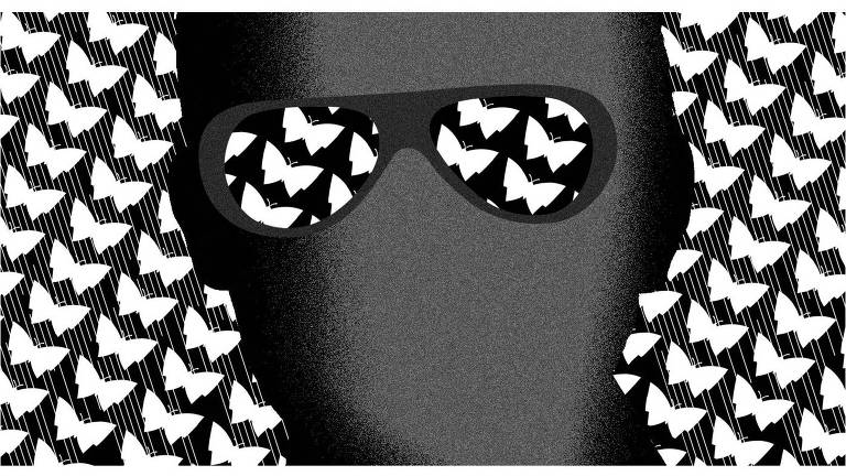 Ilustração em preto e branco. No centro, uma silhueta da cabeça de uma pessoa sem o rosto, nela há apenas óculos e uma padronagem de borboletas estampa as lentes. A padronagem de borboletas está no fundo da imagem também.
