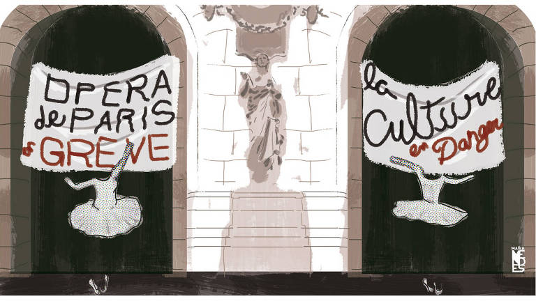Ilustração que apresenta releitura de uma cena real em que bailarinas protestaram em frente à Ópera de Paris contra o governo Macron. Há uma estátua no meio e uma bailarina dançando de cada lado da obra, não é possível ver os corpos, apenas as roupas em movimento de dança. Há uma faixa atrás de cada bailarina, em uma está escrito "OPERA de PARIS en GREVE" e na outra "la culture em danger".