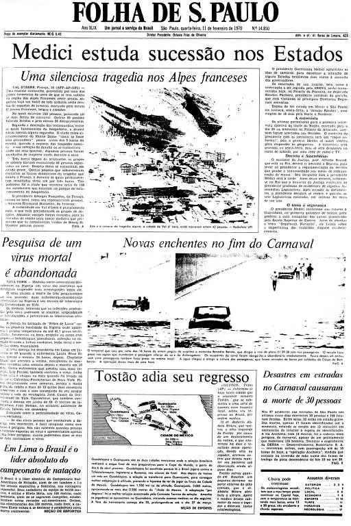Primeira Página da Folha de 11 de fevereiro de 1970
