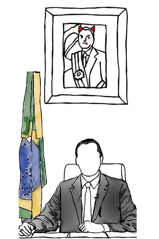Ilustração que reinterpreta uma cena do vídeo de Roberto Alvim. Há um homem sem rosto sentado em uma mesa, uma bandeira do Brasil na lateral e um quadro de Jair Bolsonaro no fundo.