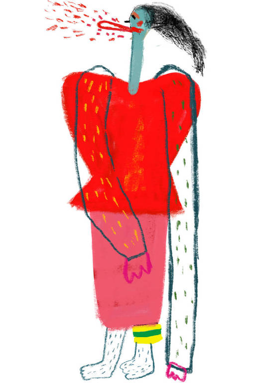 Ilustração de pessoa estilizada com uma roupa vermelha e uma tornozeleira verde e amarela