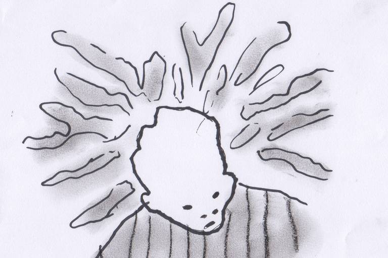 Ilustração em preto em branco dos ombros e cabeça de uma pessoa, que olha para baixo. Da cabeça, saem raios.