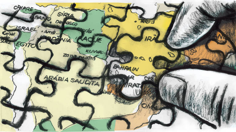 Ilustração representa mão concluindo a montagem de um quebra-cabeça do mapa do Oriente Médio. A última peça encaixada é do Irã