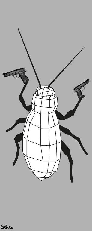 Ilustração de uma barata segurando duas armas.