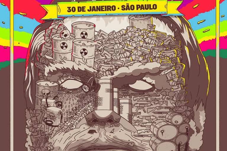 Rosto de Bolsonaro feito de lixo estampa pôster da banda russa Pussy Riot no Brasil