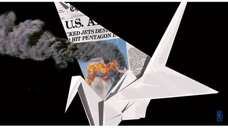 Ilustração de origami tsuru feito com uma capa de jornal The New York Times sobre o atentado de 11 de setembro. A fumaça que está na foto das Torres Gêmeas sai do papel e continua no espaço fora da dobradura. O fundo é preto.